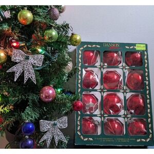 Vintage Red Glass Christmas Ornaments Set of 12 Danson Decor 2.25 Inch Boxed